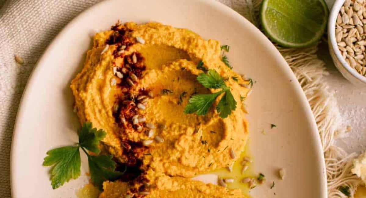 Overhead image of chili lime sunflower seed dip.