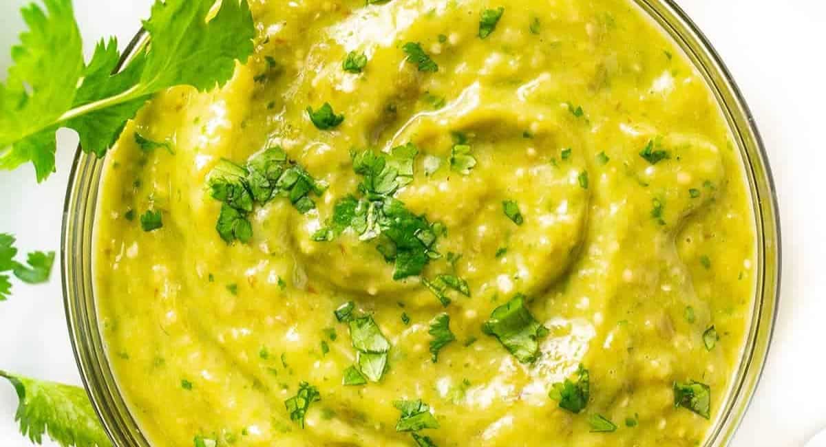 Overhead image of tomatillo avocado salsa verde.