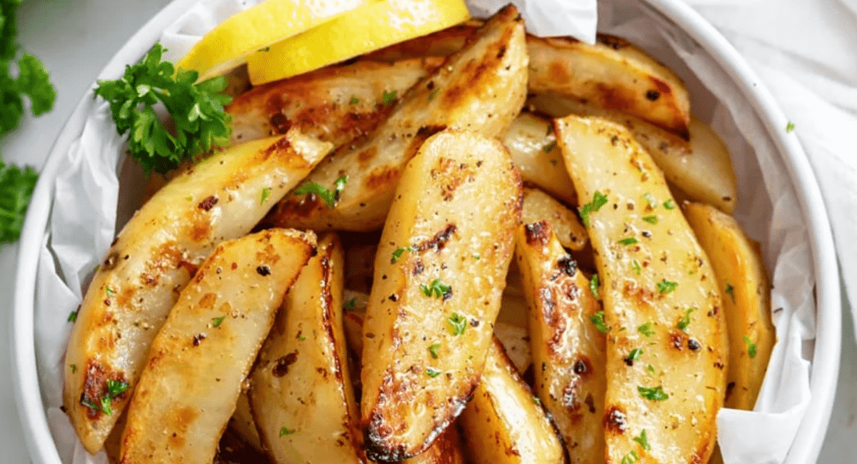 Overhead image of greek potatoes with garnish.