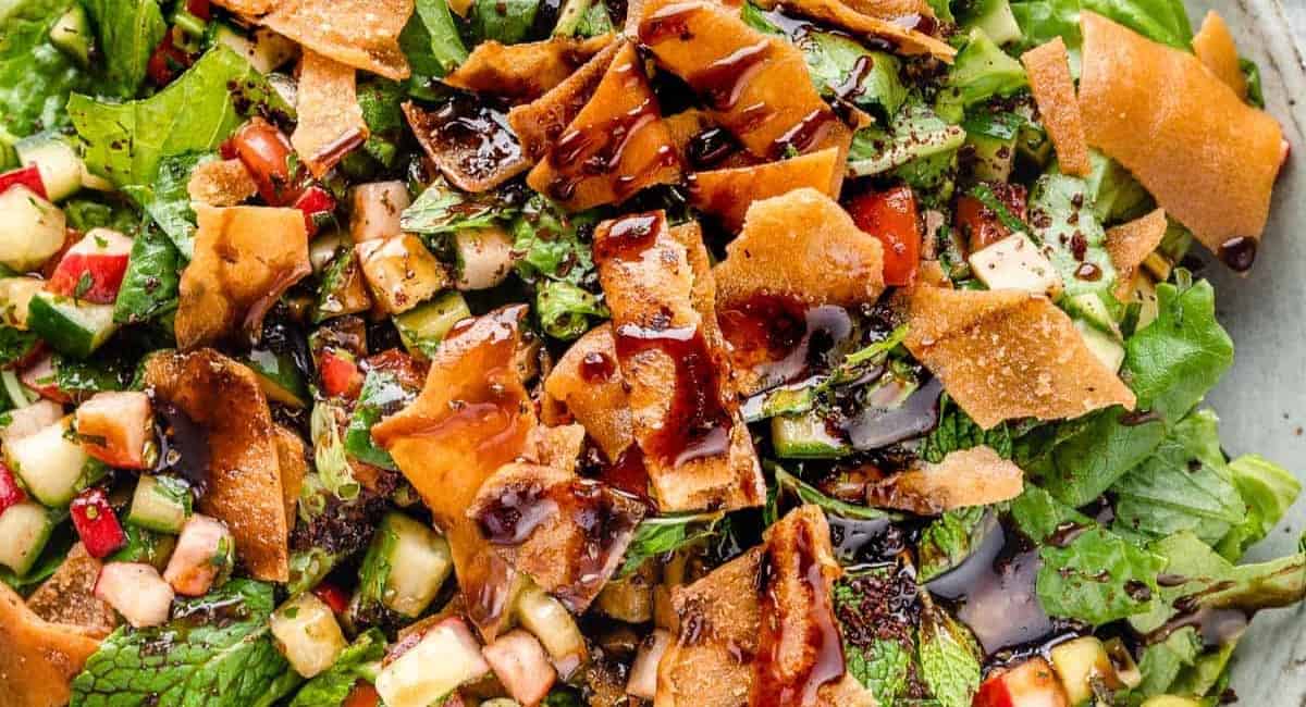 Up close image of fattoush salad.