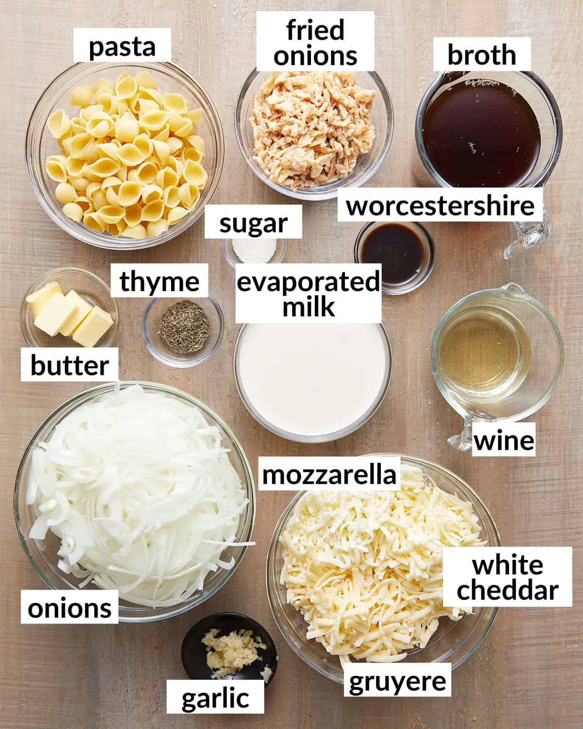 Overhead image of ingredients needed for french onion mac and cheese.
