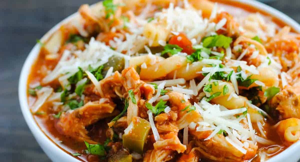 Overhead image of slow cooker chicken parmesan soup.