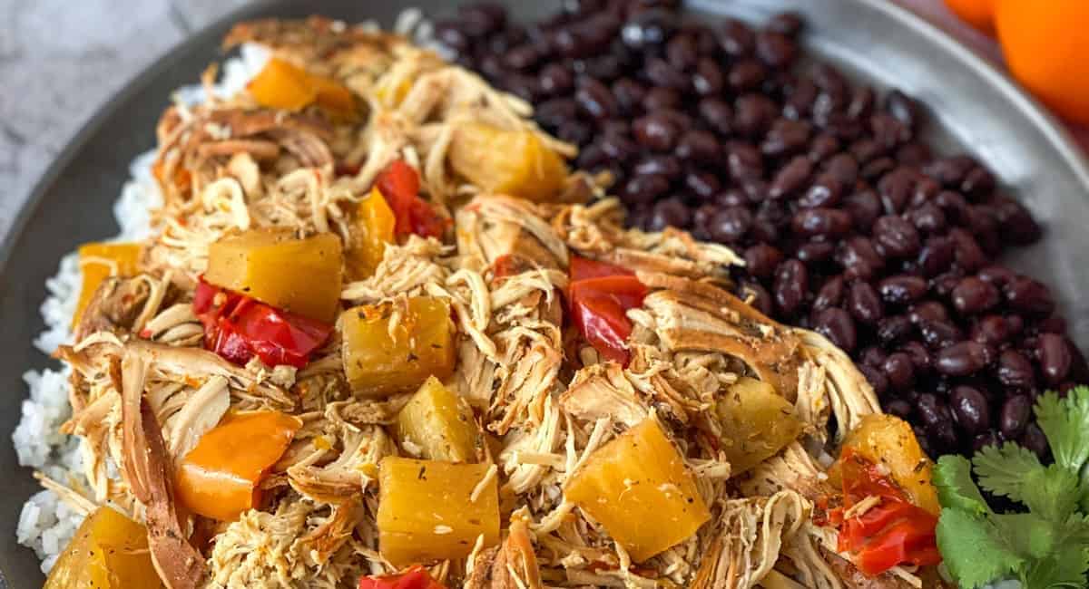 Overhead image of easy slow cooker Caribbean jerk chicken.