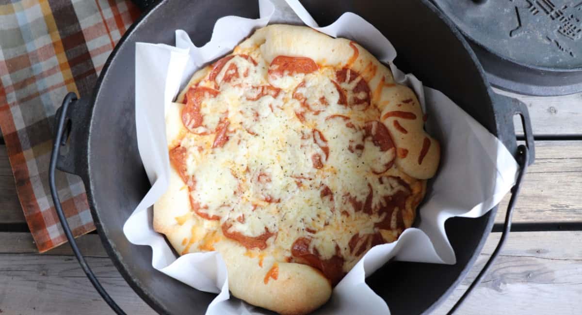 Overhead image of dutch oven pizza.