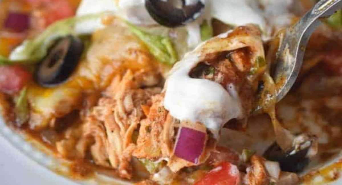 Up close image of slow cooker smothered chicken burrito.