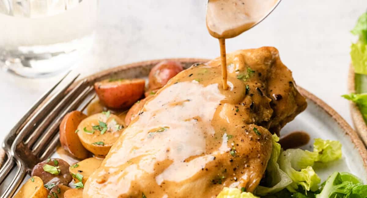 Up close image of slow cooker maple dijon chicken.