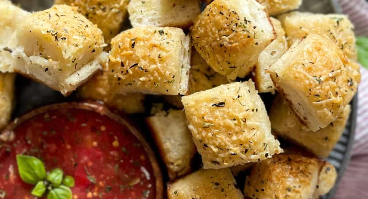 Overhead image of garlic parmesan bread bites.