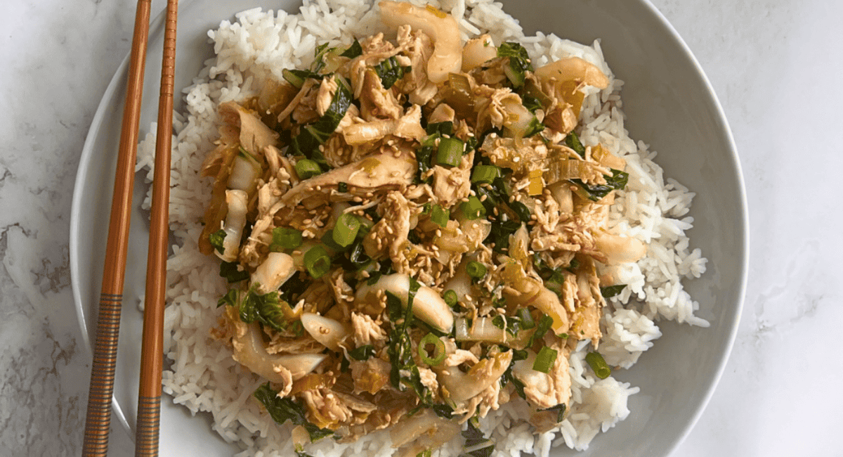 Overhead image of slow cooker chicken and bok choy.