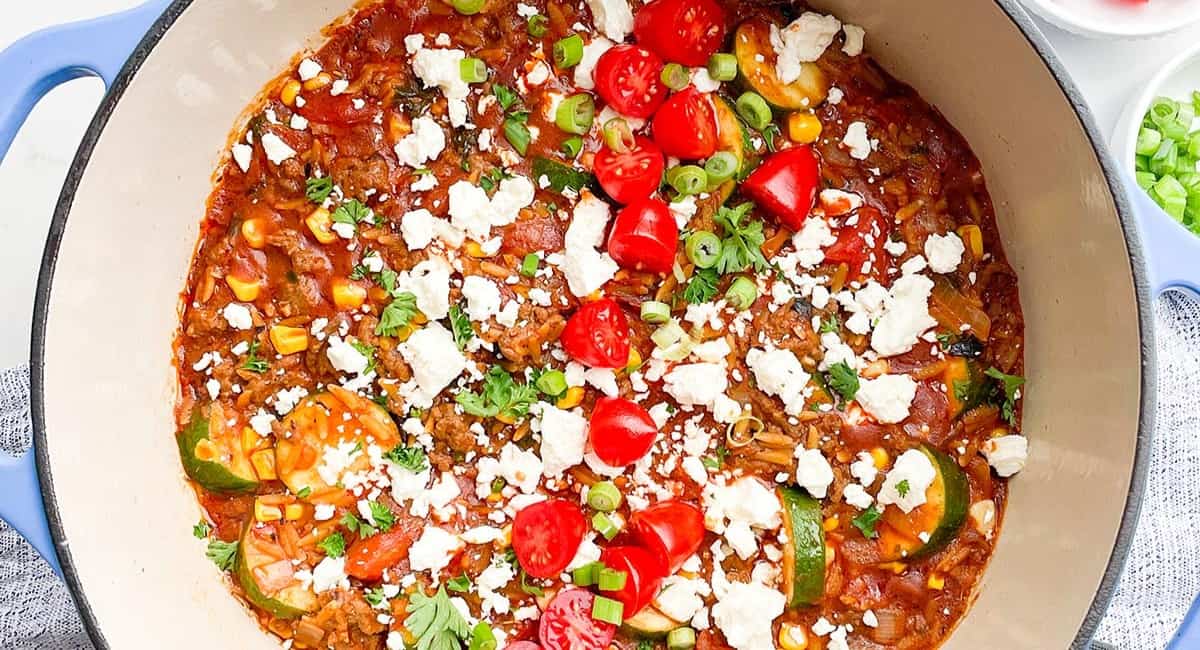 Overhead image of ground beef and zucchini caserole.