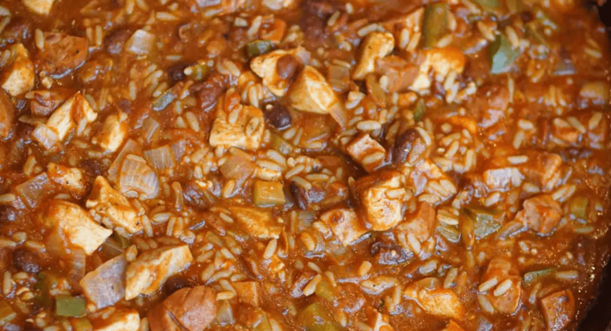 Up close image of chicken and smoked sausage jambalaya.