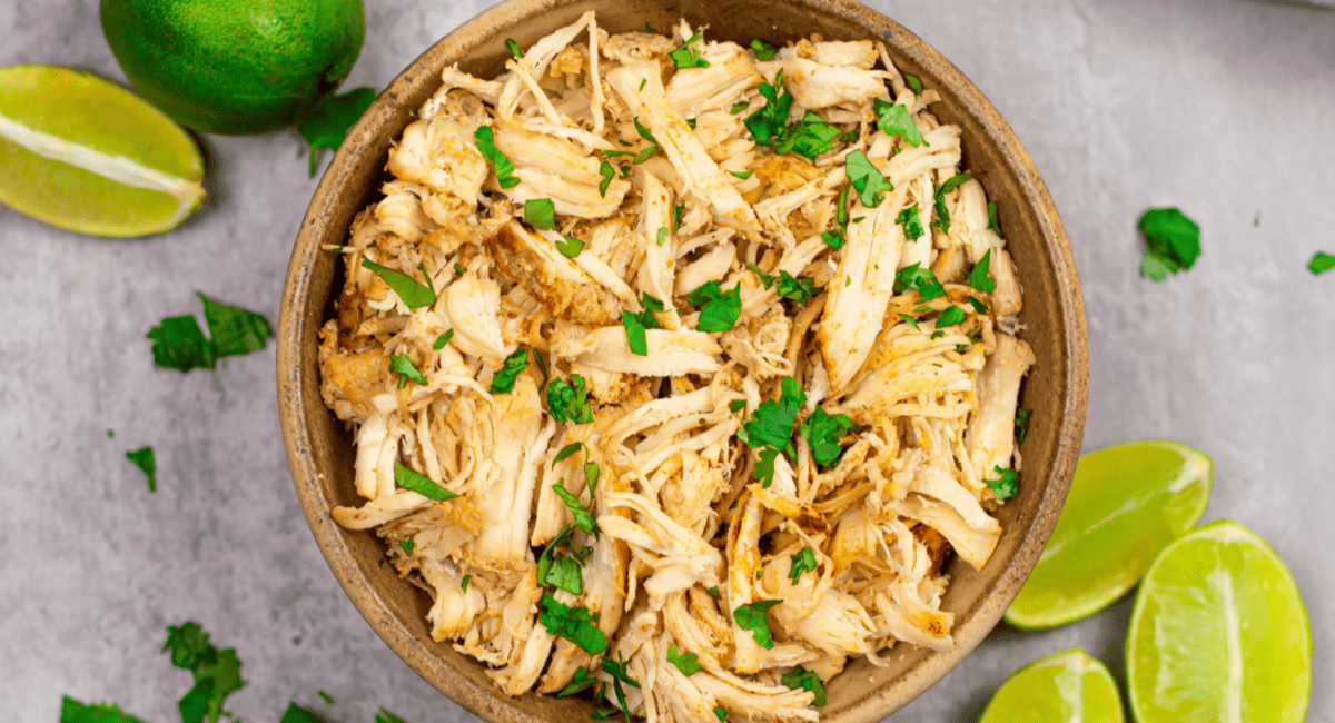 Overhead image of cafe rio copycat chicken and rice in brown bowl.