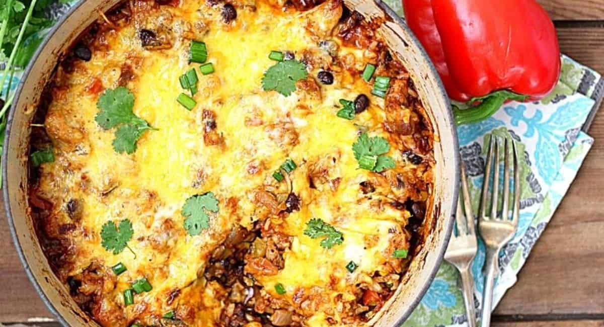 Overhead image of mexican chicken rice and veggie casserole.