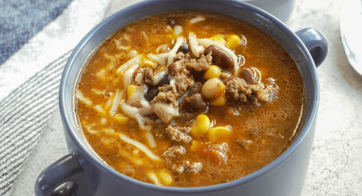 Overhead image of dutch oven taco soup.