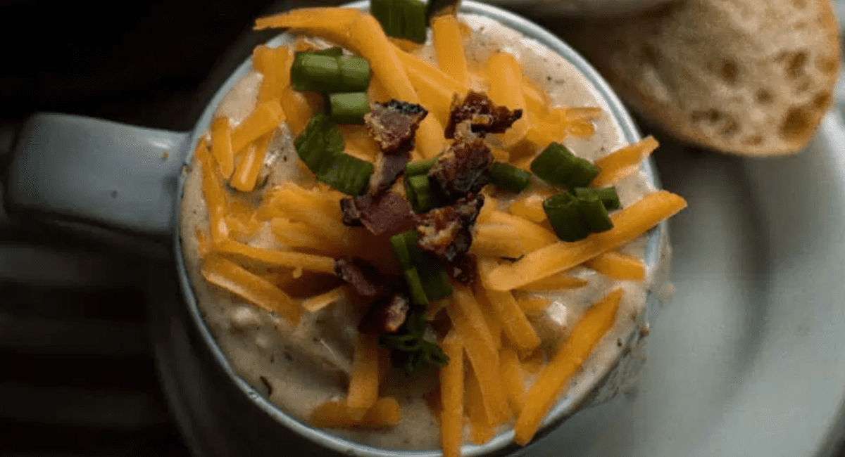 Overhead image of dutch oven potato soup.