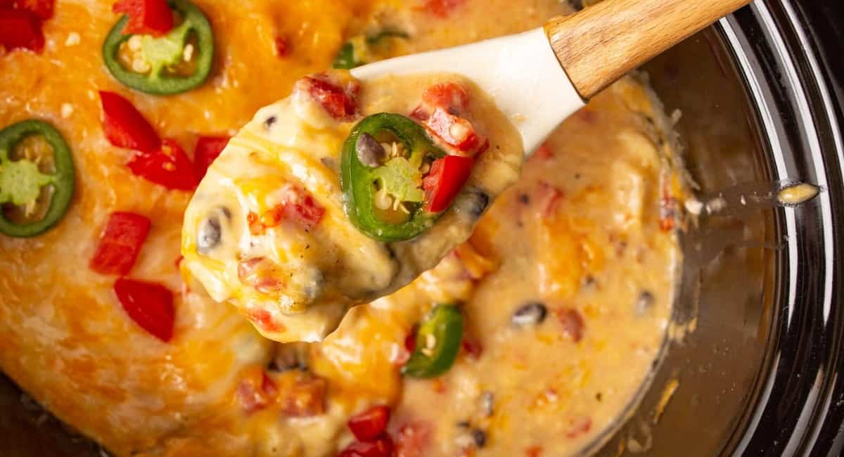 Overhead image of crockpot Mexican chicken.