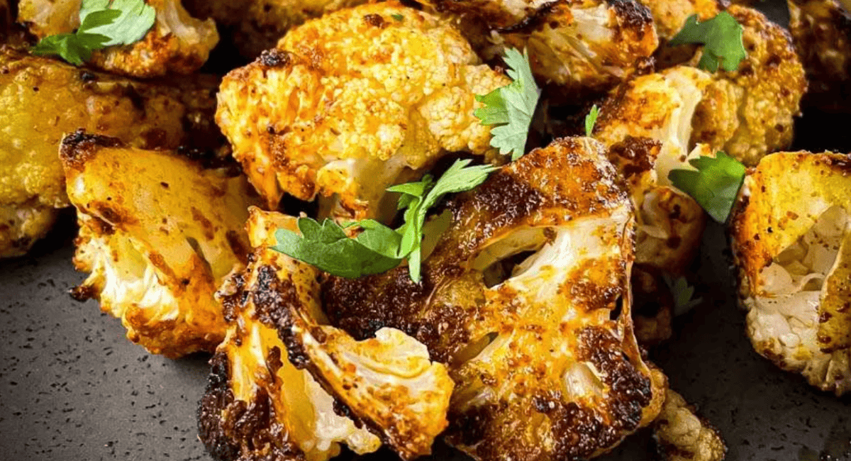 Up close image of roasted spiced cauliflower. 