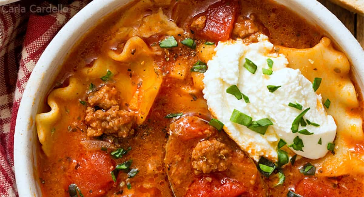 Up close image of one pot lasagna soup.