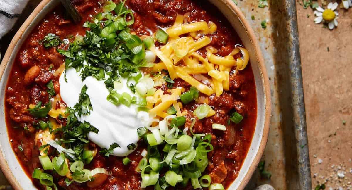 Overhead image of dutch oven chili.