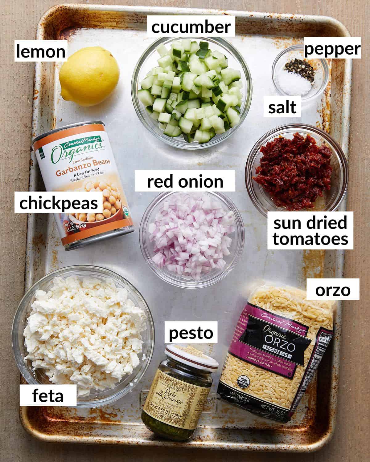 Overhead image of ingredients needed to make pesto orzo salad.