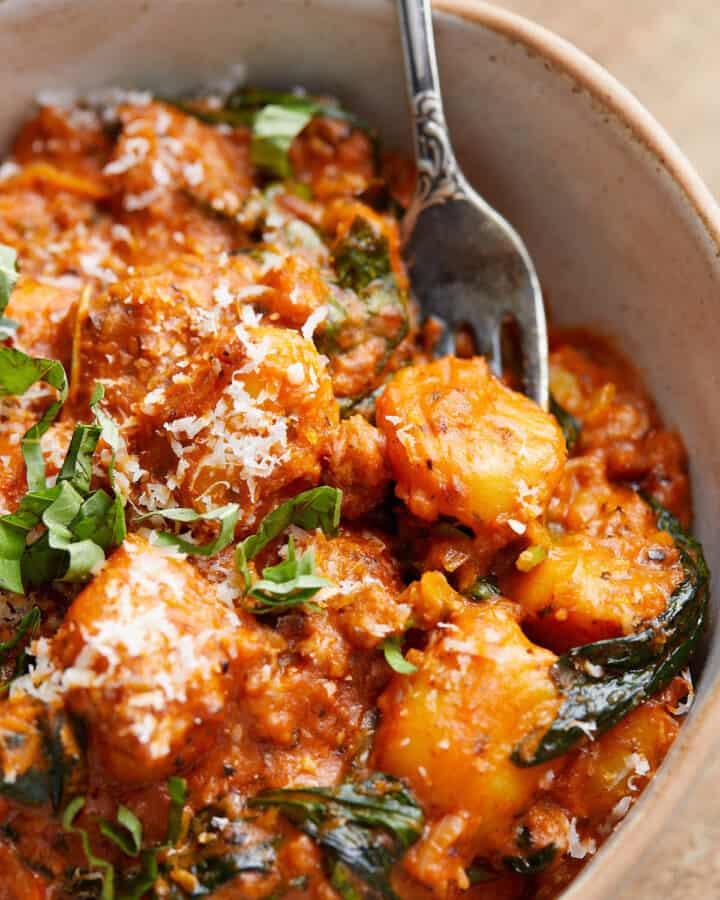 Sausage Gnocchi with Creamy Tomato Sauce & Spinach - Bites with Bri
