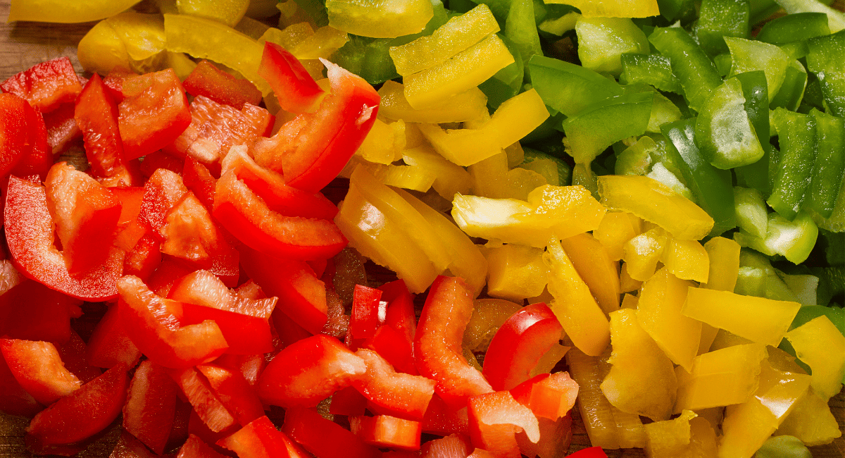 Up close image of chopped bell peppers.