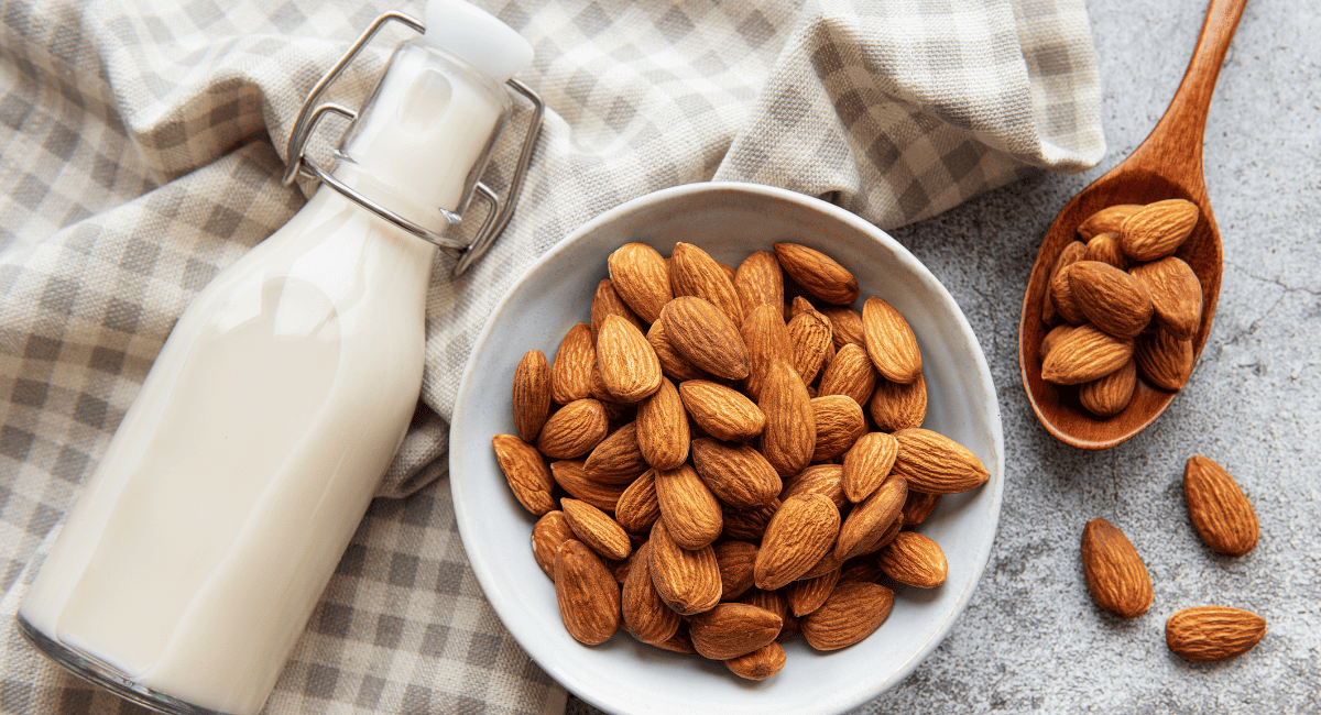 Overhead image of almond milk.