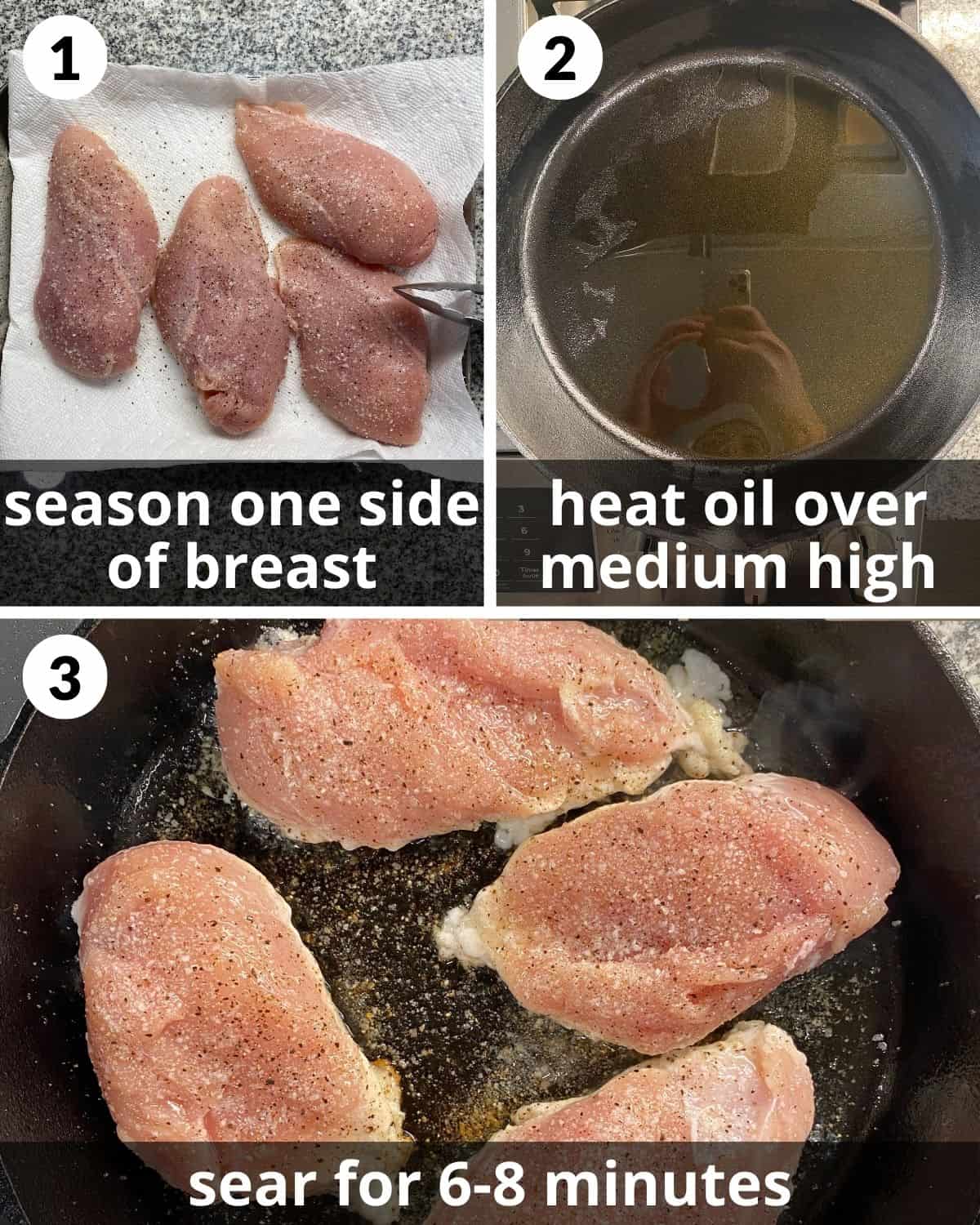 A 3 photo collage showing how to season and sear one side of chicken breast in cast iron skillet.