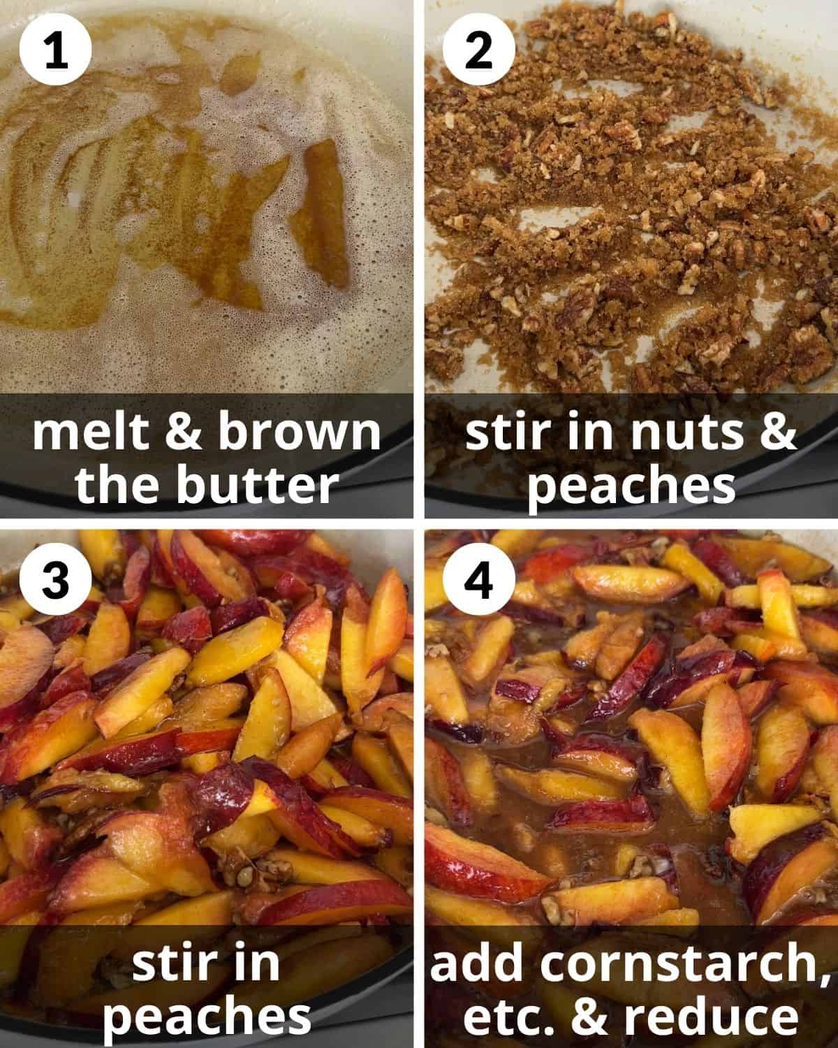 A 4 photo collage showing the beginning assembly of peach cobbler with puff pastry.