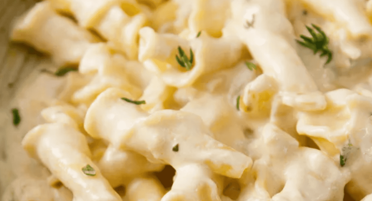 Up close image of garlic parmesan cream sauce with garnish.