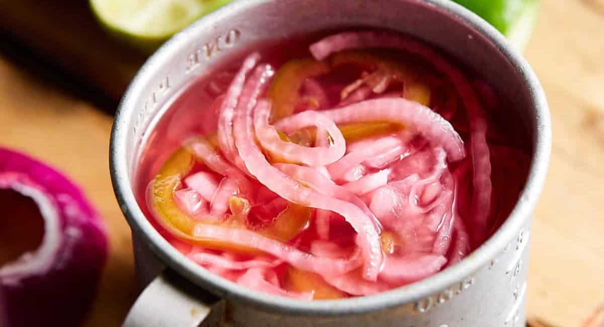 Up close image of Mexican Pickled Onions.