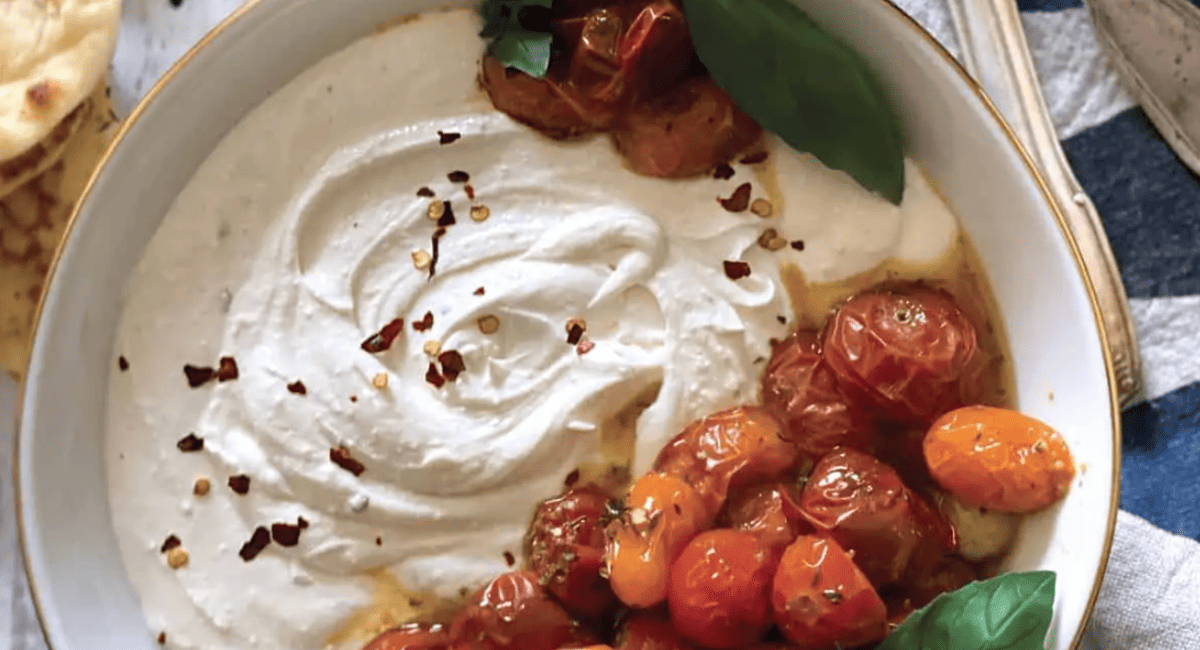 Overhead image of Greek spicy whipped feta dip.