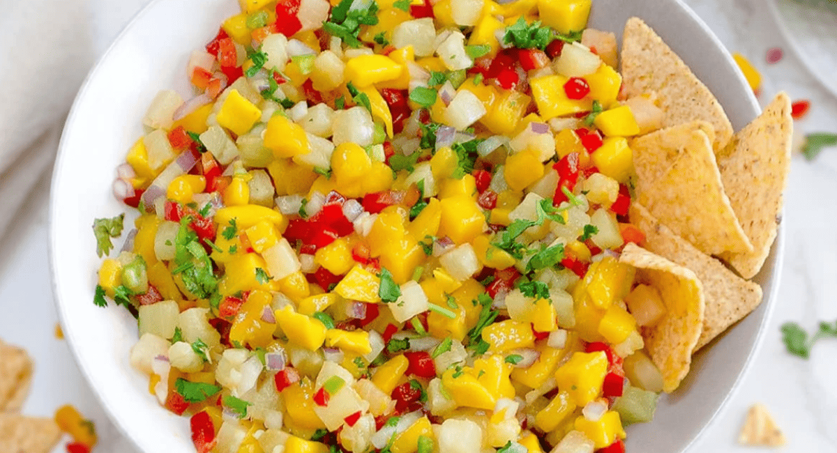 Overhead image of pineapple mango salsa.