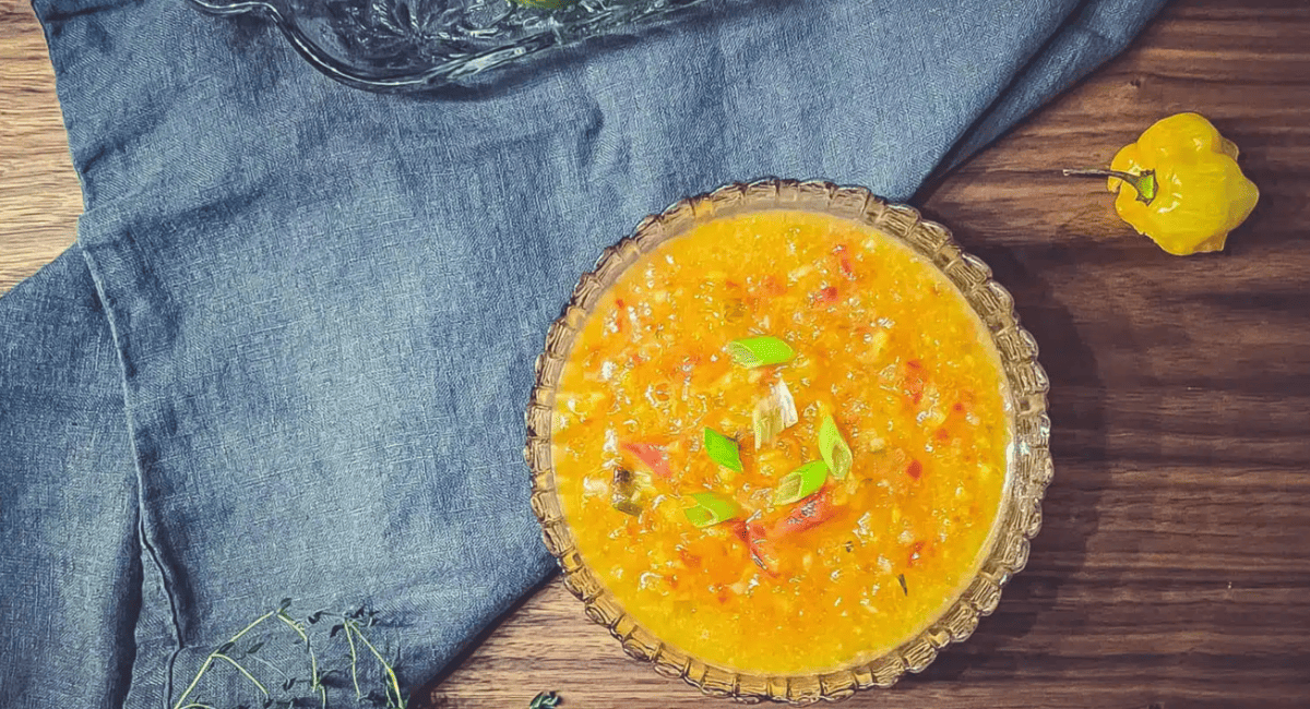 Overhead image of spicy mango pineapple sauce.