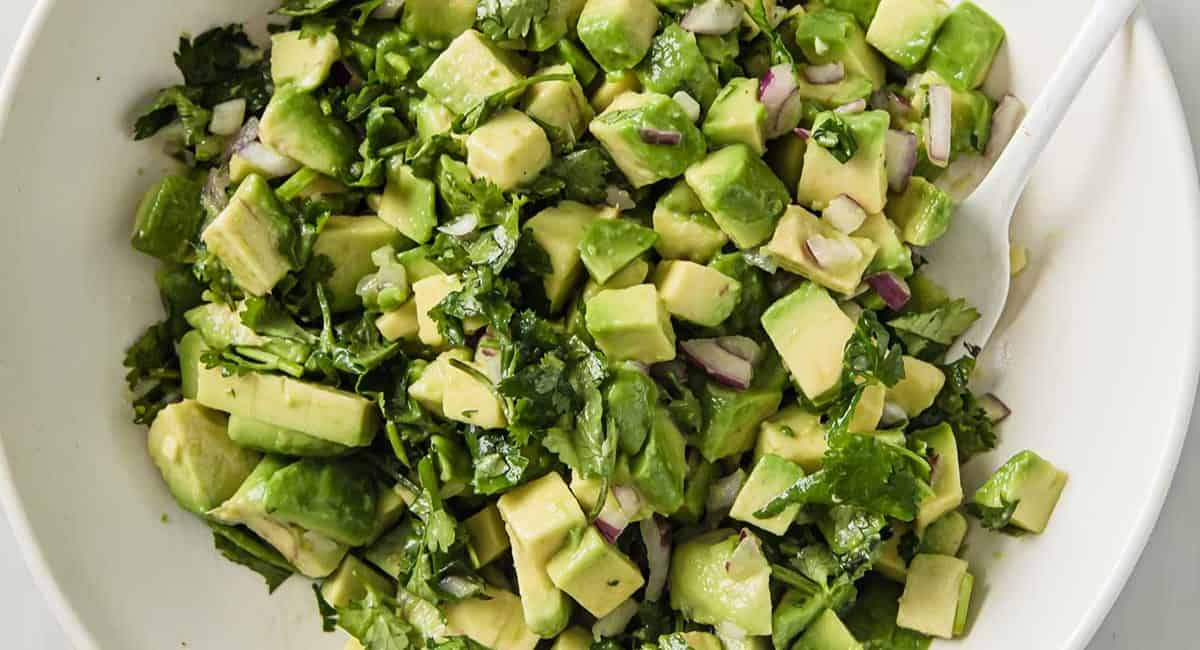 Overhead image of fresh avocado salsa. 