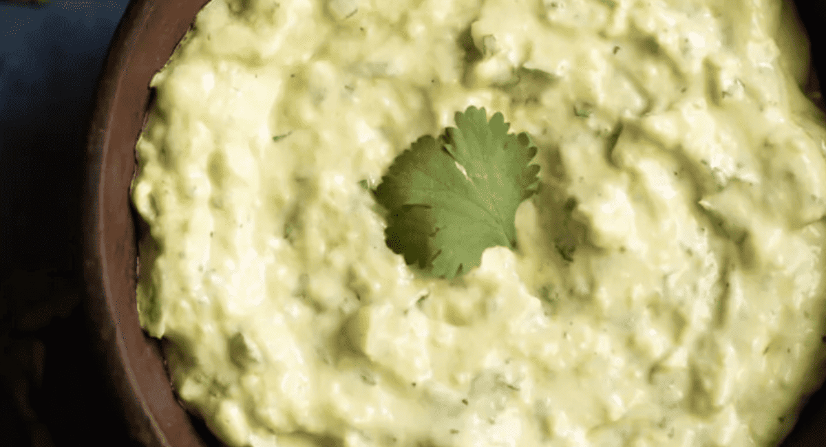 Overhead image of avocado cilantro sauce. 