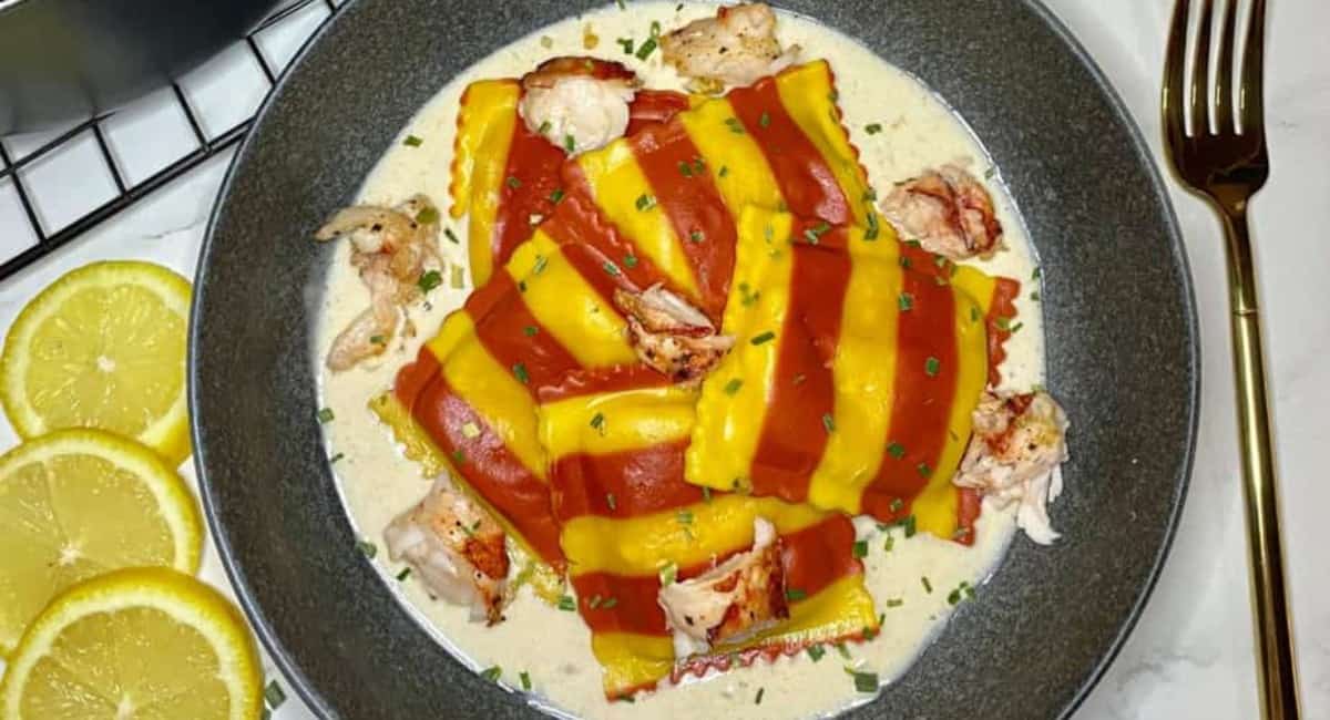 Overhead image of sherry cream sauce for lobster ravioli. 