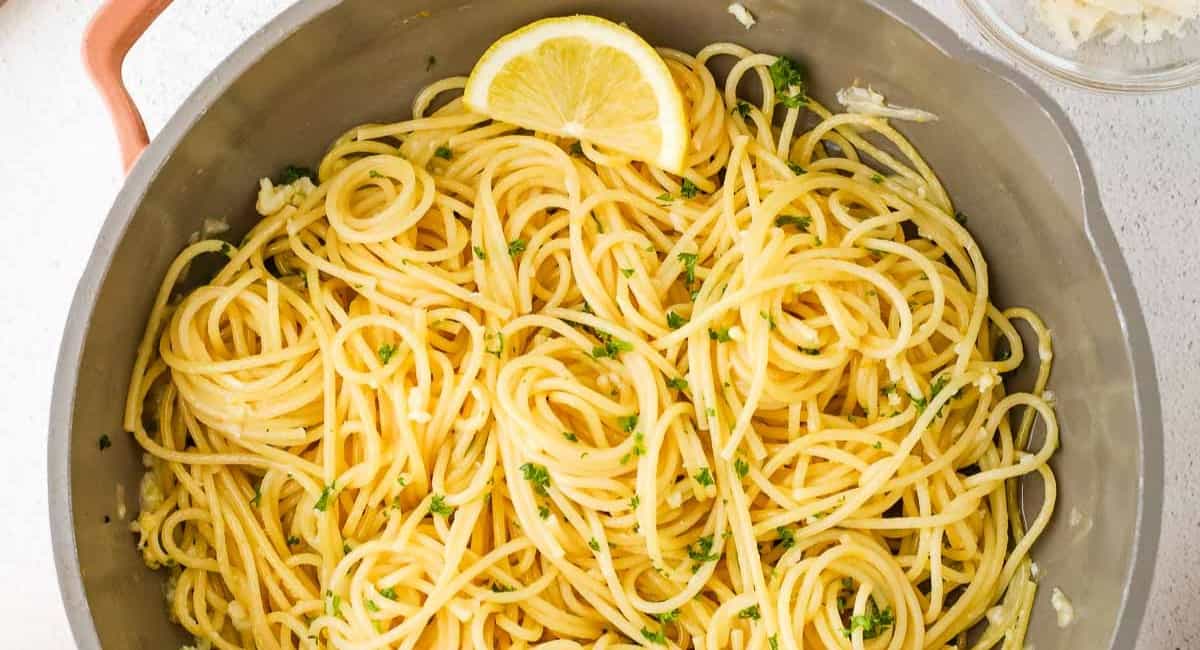 Overhead image of lemon butter garlic pasta sauce.