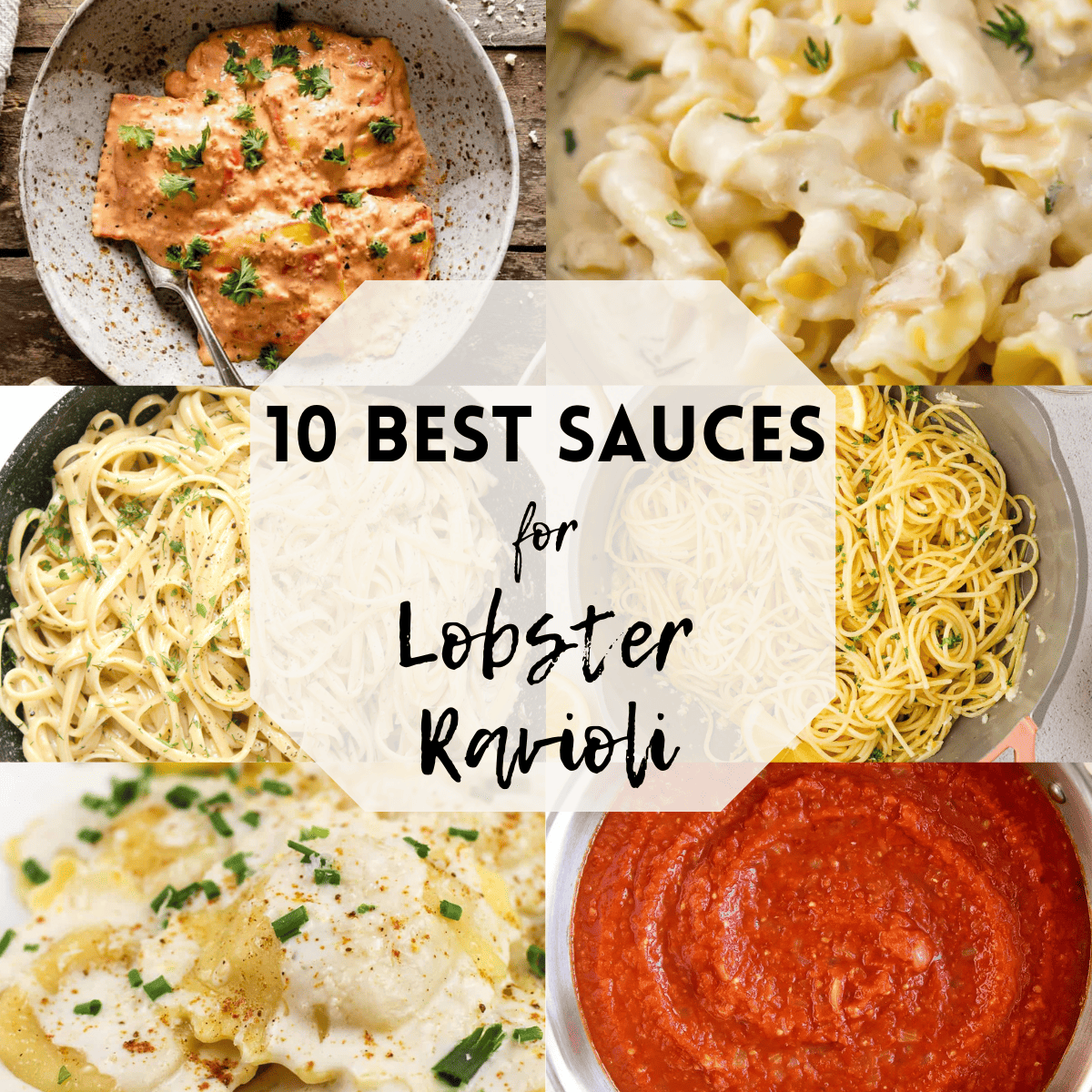 A 6 photo collage showing some of the best sauces for lobster ravioli. 