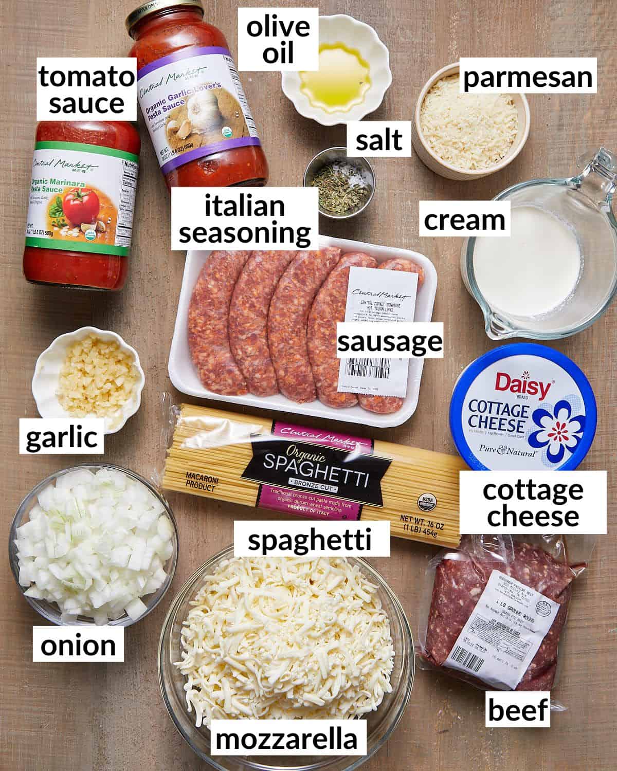 An overhead image of ingredients needed to make cheesy baked spaghetti.