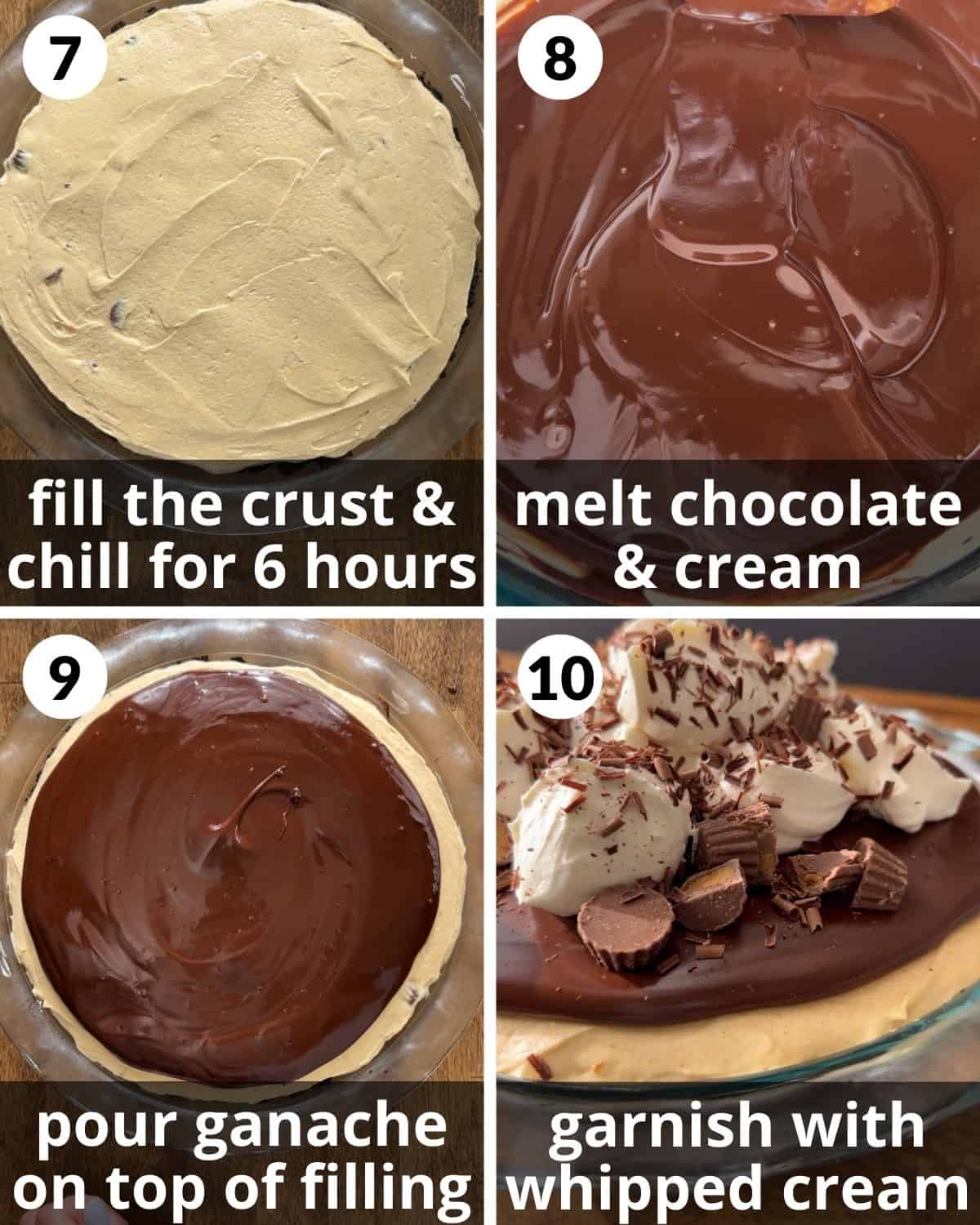 A 4 photo collage showing the final assembly of reeses peanut butter cup pie.