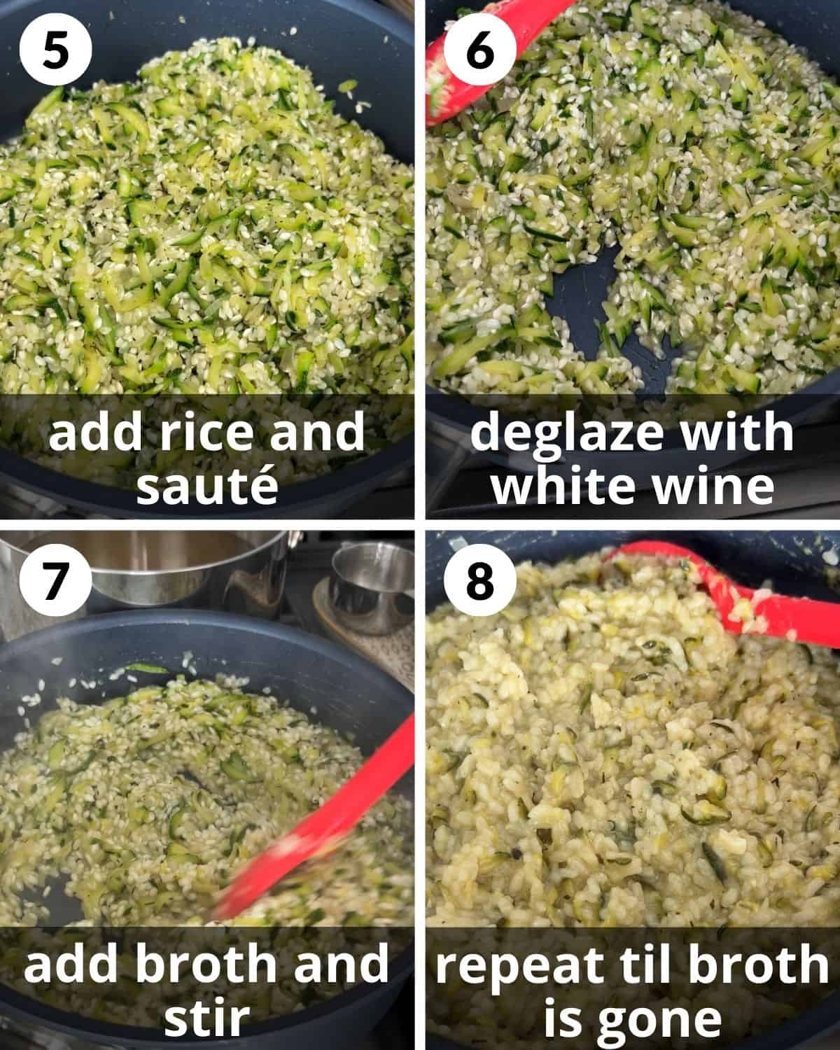 A 4 photo collage showing further assembly of zucchini risotto.