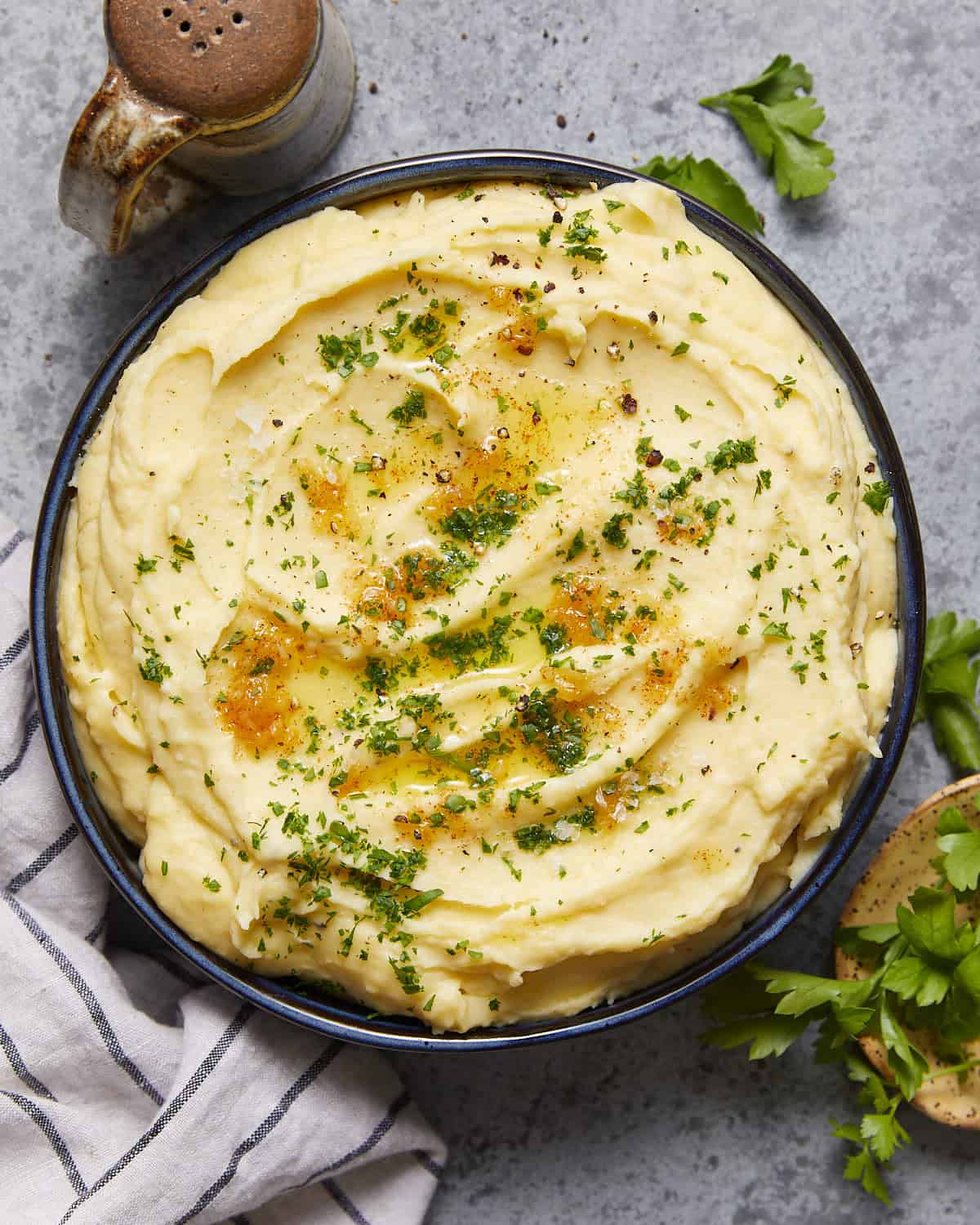 Overhead image of yukon gold mashed potatoes.