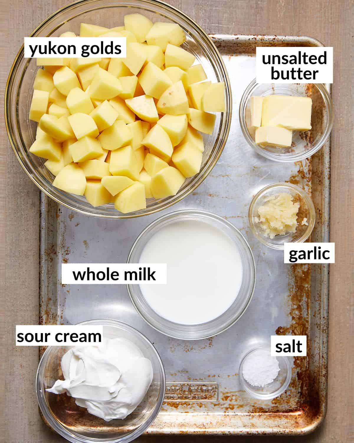 Overhead image of ingredients needed for yukon gold mashed potatoes. 