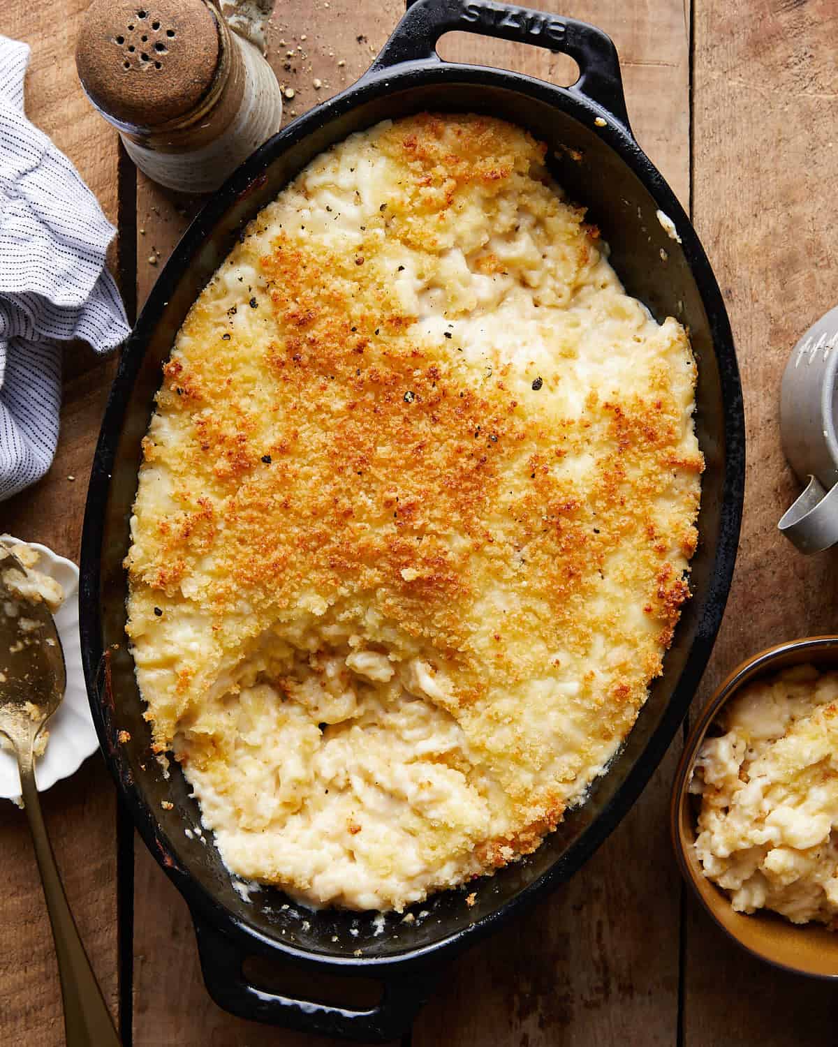 Overhead image of baked white cheddar mac and cheese.