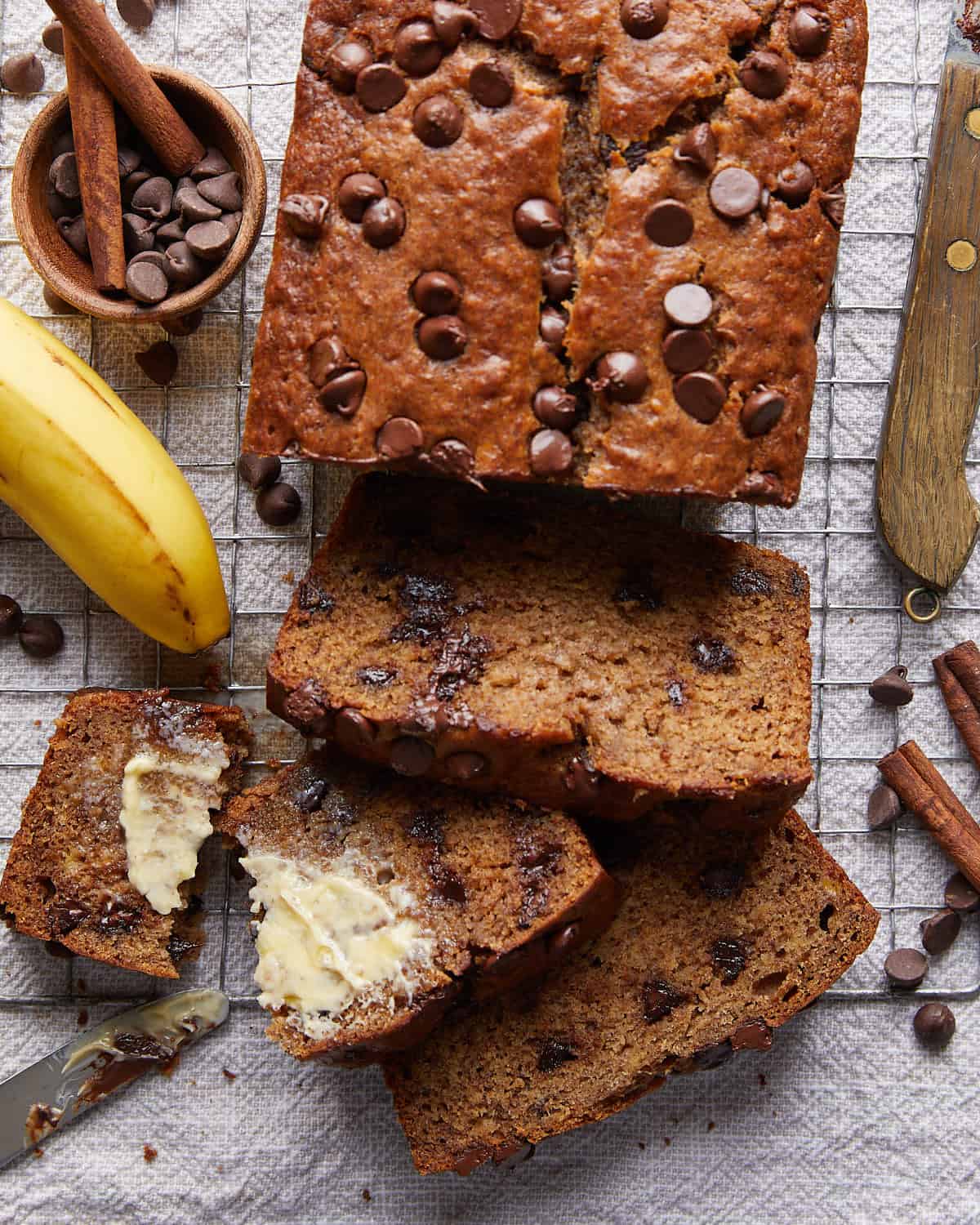 Overhead image of brown butter chocolate chip banana bread.