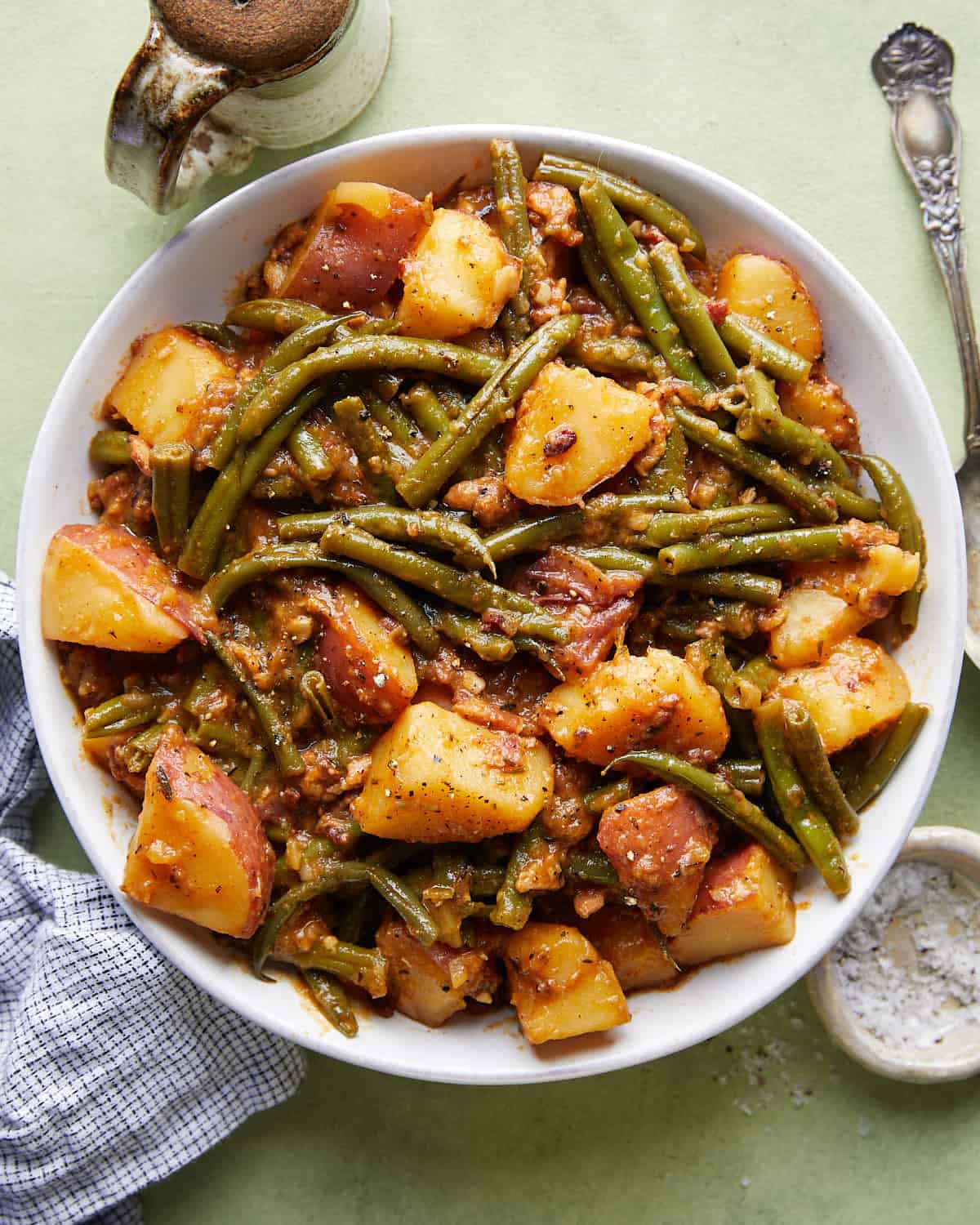 Overhead image of green beans and potatoes recipe.