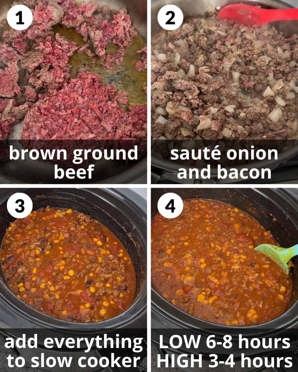 A 4 photo collage showing the assembly of 7-can taco soup.