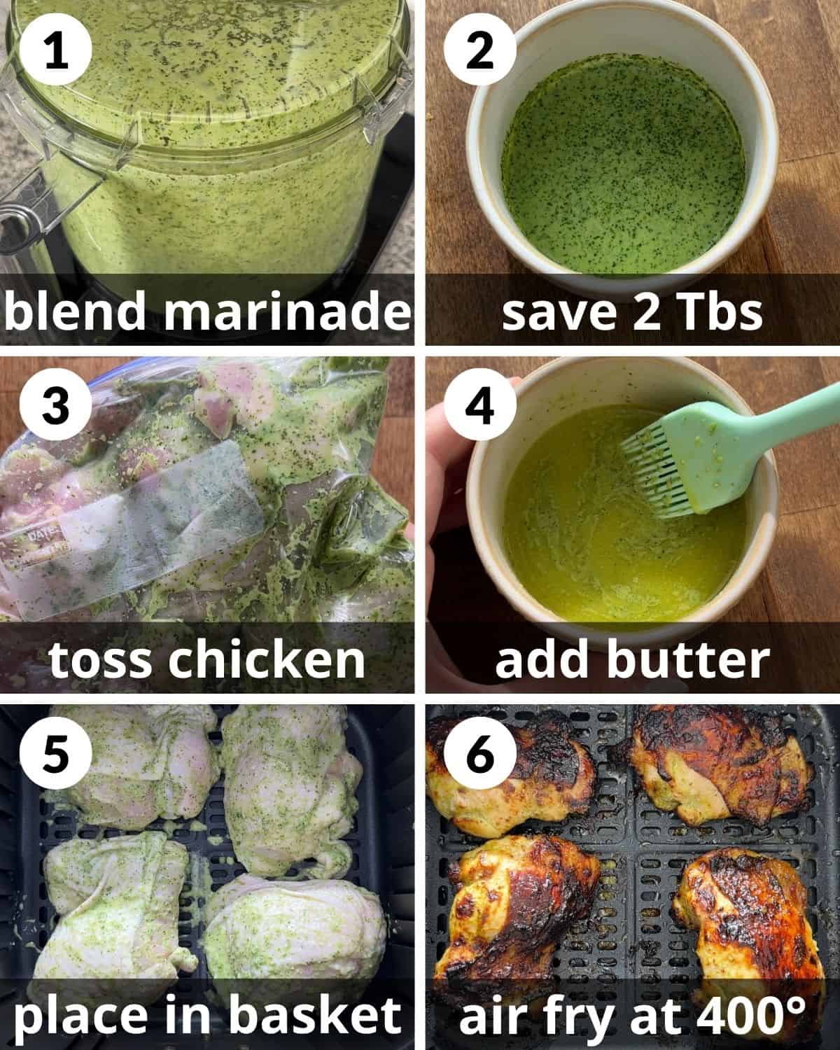 A 6 photo collage showing the assembly of air fryer cilantro lime chicken.