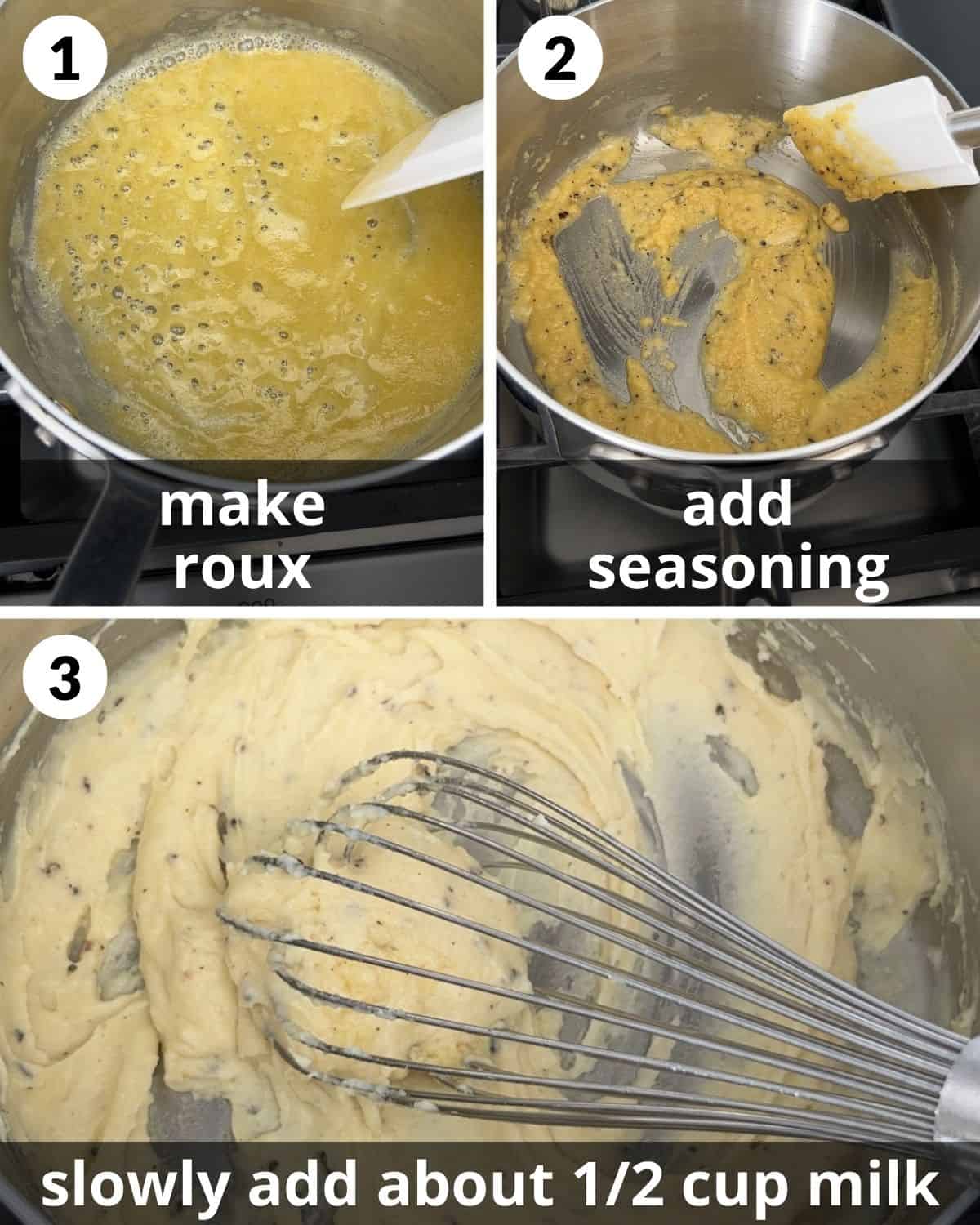 A 3 photo collage showing beginning steps to making baked white cheddar mac and cheese.