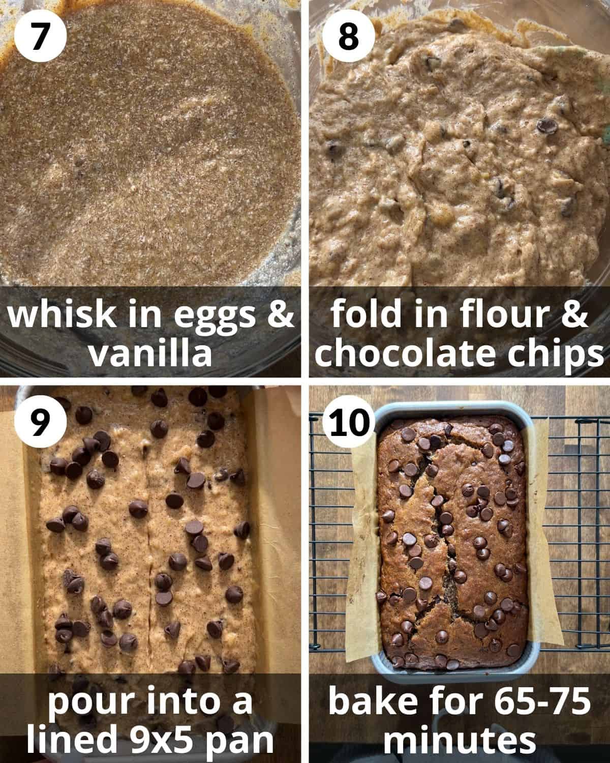 A four photo collage showing the final assembly of brown butter chocolate chip banana bread.